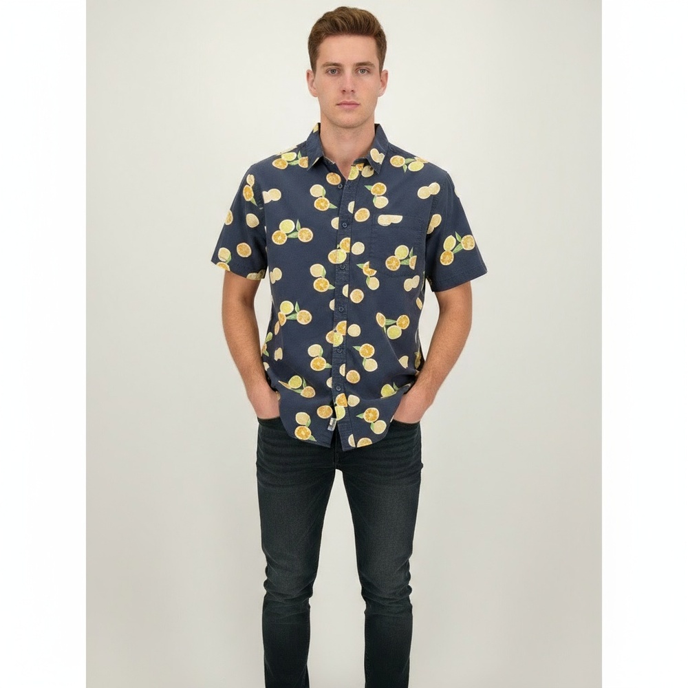 Goodfellow & Co Mens XL Navy Lemon Print Slim Fit Short Sleeve‎ Shirt Tropical